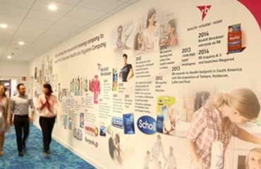 Three RB employees walking along a corridor with the RB timeline on the wall