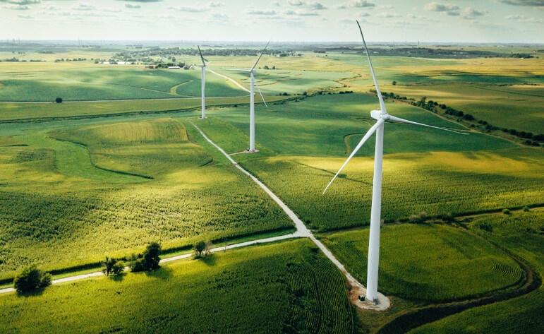 Three wind turbines within green fields